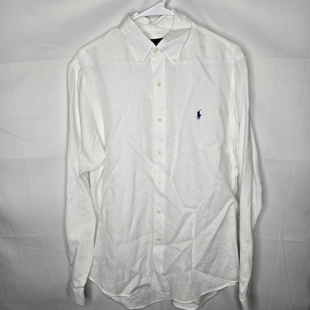 Men's Ralph Lauren White Button-down Blue Pony Logo 100% Linen Shirt Size Medium